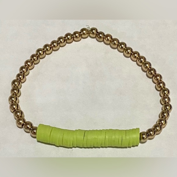Green/Gold Clay Heishi Disc Beaded Bracelet Set (2) Boho Classic Coastal Preppy - Picture 4 of 6